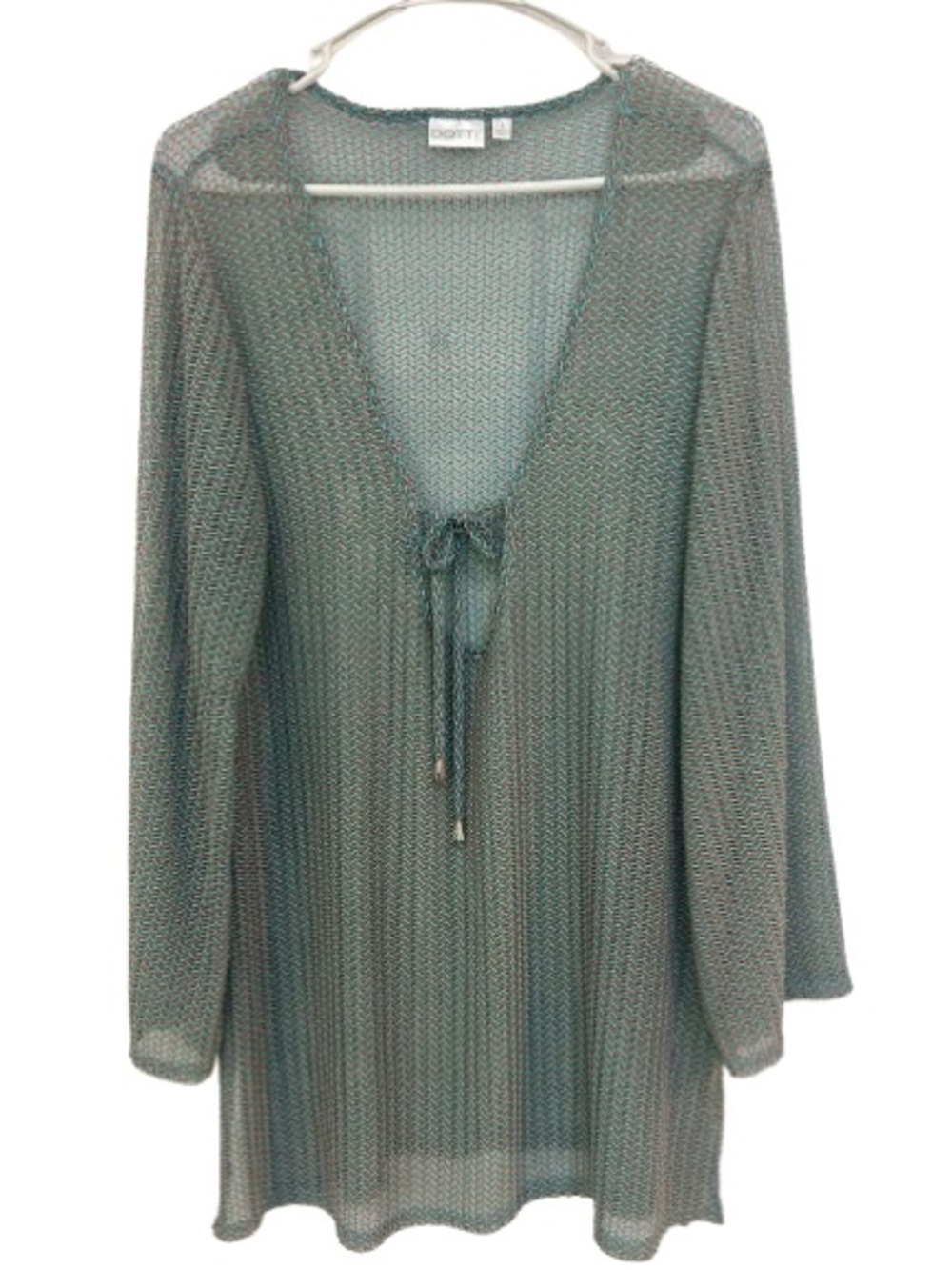 DOTTI Mesh Swim Coverup Tunic Sheer Long Sleeve Tie Front Teal Pink L